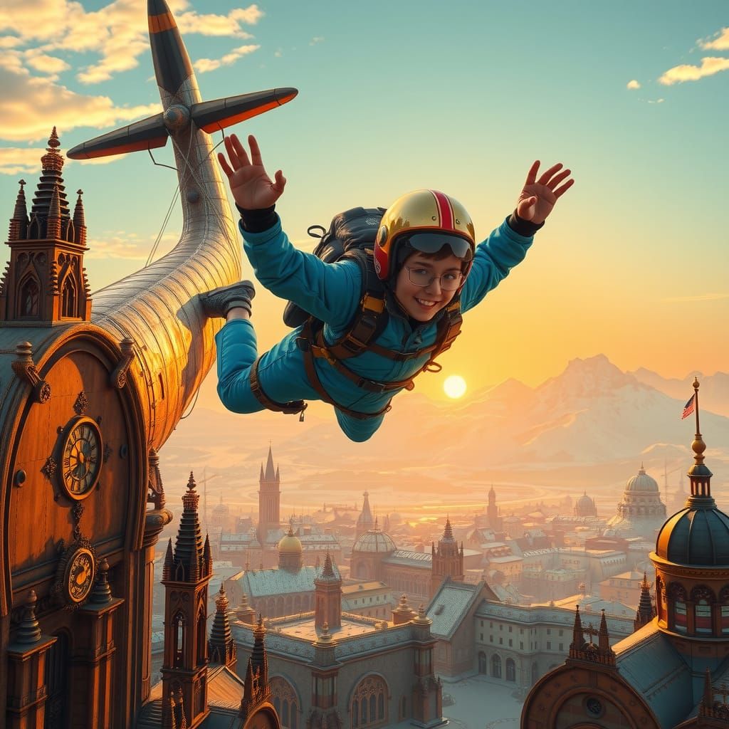 Adventurer Skydiving into Metropolis: Steampunk Style