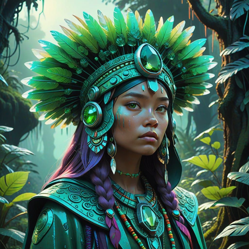 Amazonian Green Gemstone Warrior in Iridescent Green Headdre...