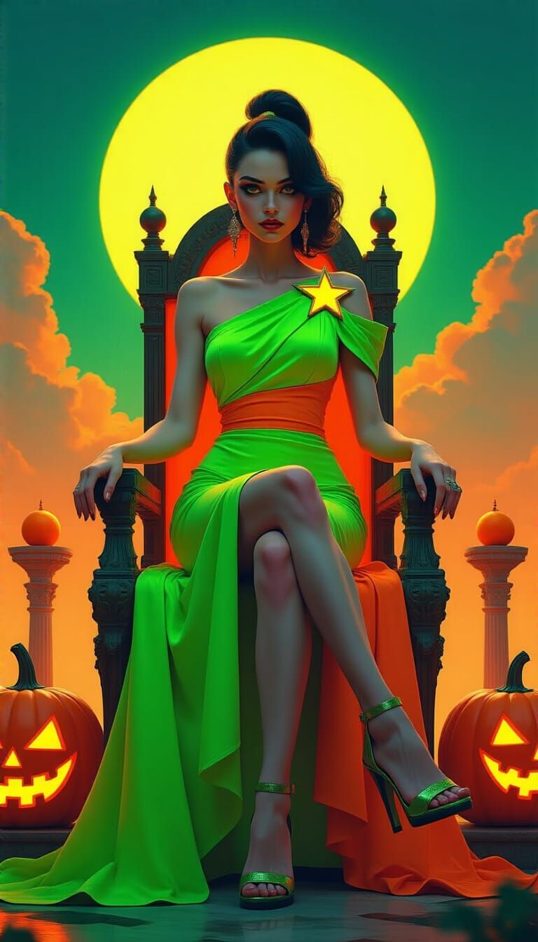 Neon Goddess on Pumpkin Throne: Digital Art