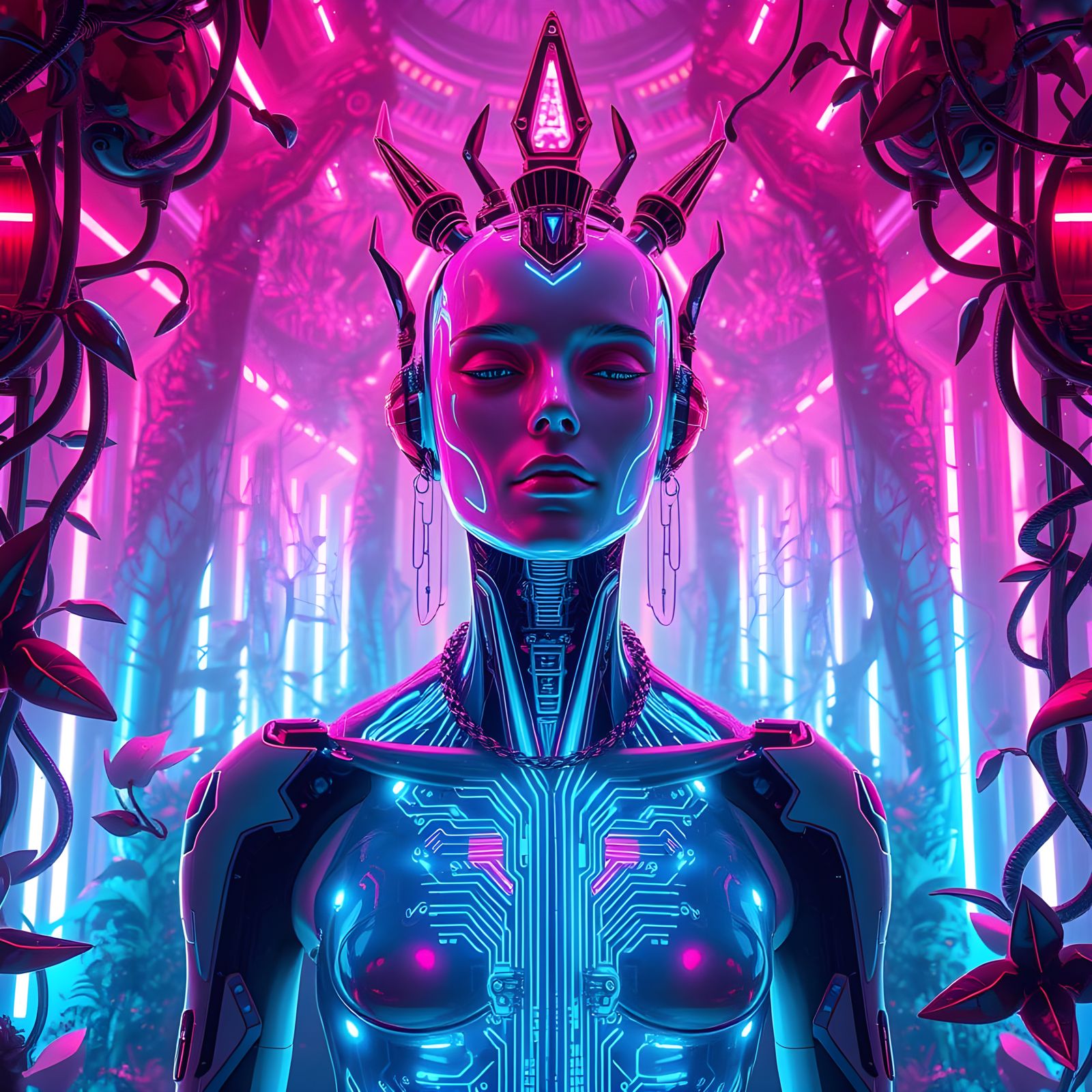 Cyborg Deity in Neon Temple: Glitch Drag Surrealism