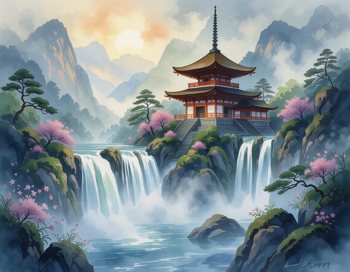 Watercolor Waterfall with Japanese Temple in Fog