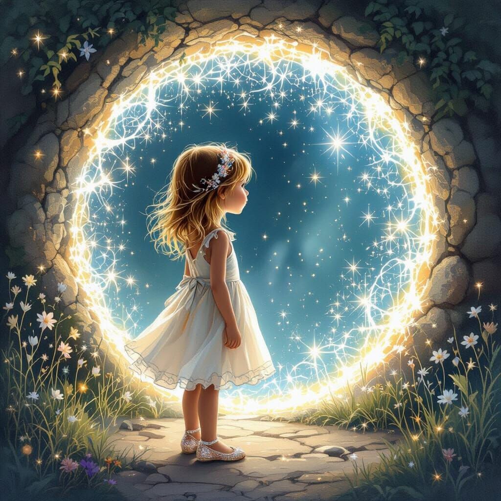 Girl and Magical Portal in Whimsical Fairy Art