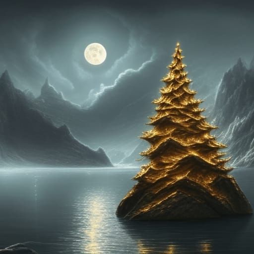 Golden Christmas Tree on Lake at Dawn