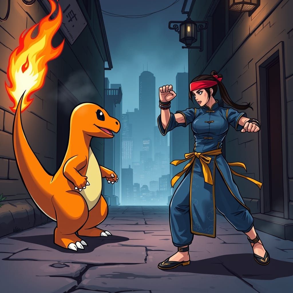 Charmander Battles Chun-Li in Epic Comic Book Style