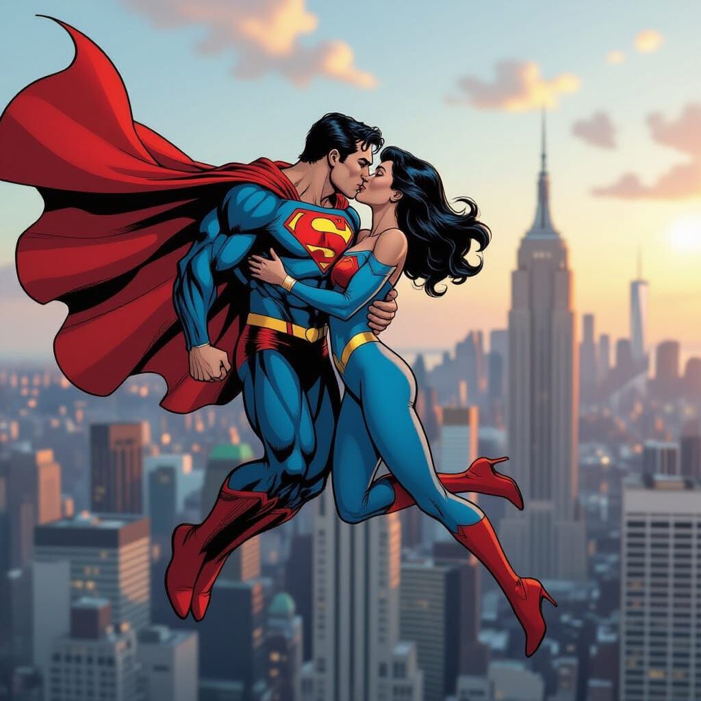 Superman and Lois Lane Kissing Above New York City