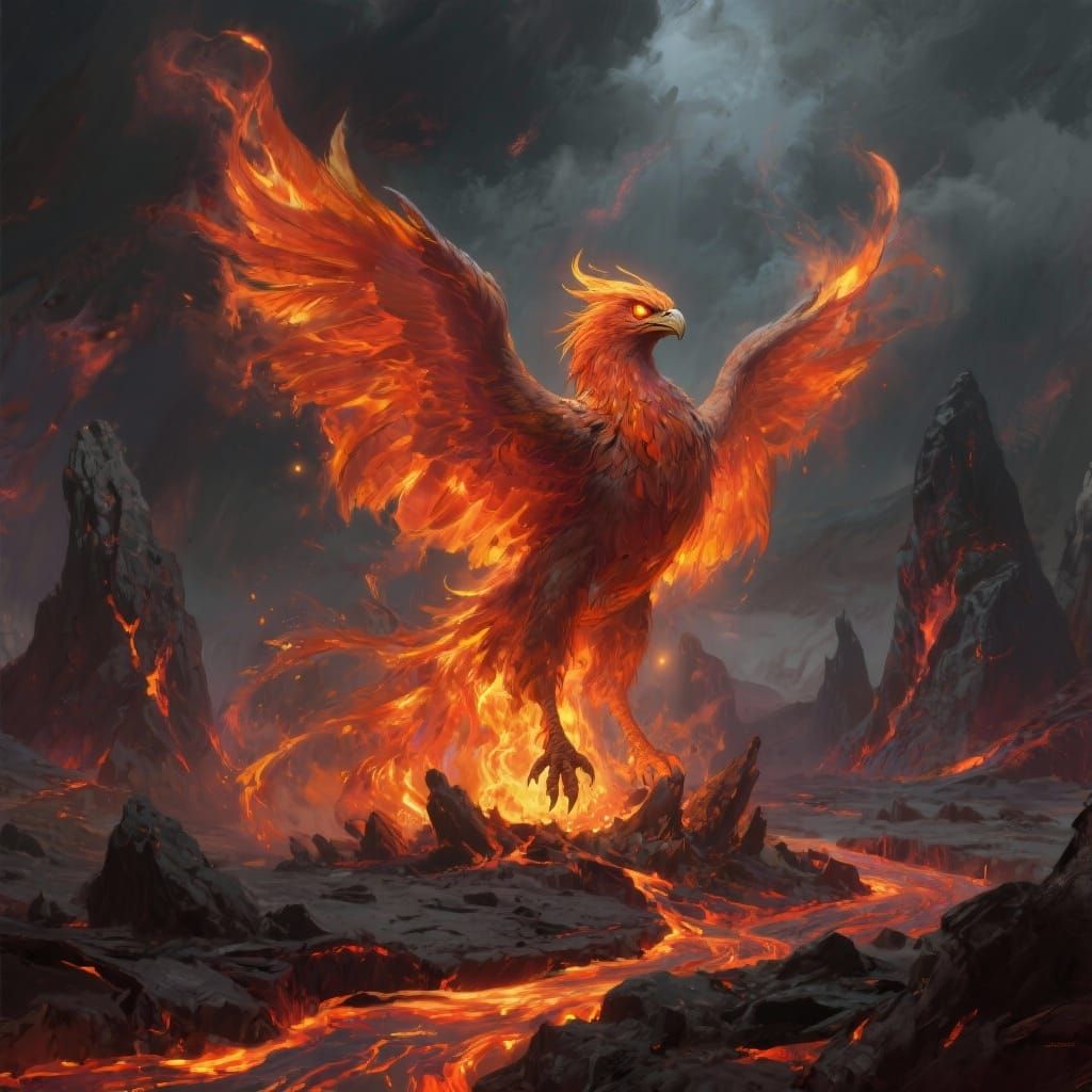 Majestic Phoenix Rises From Ashes in Volcanic Landscape
