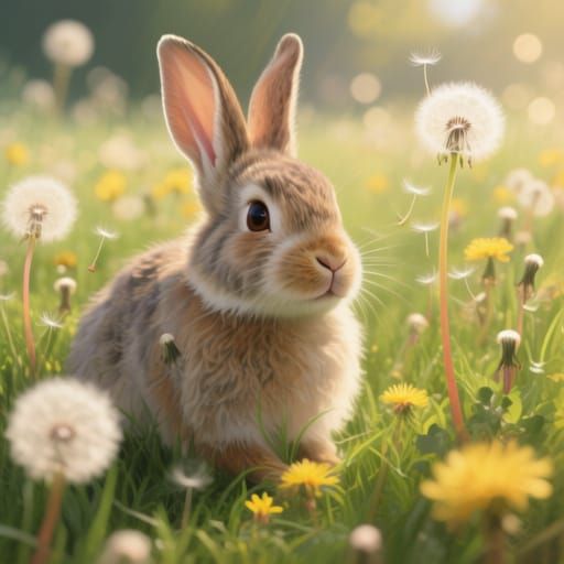 Cute Rabbit in Dandelion Field