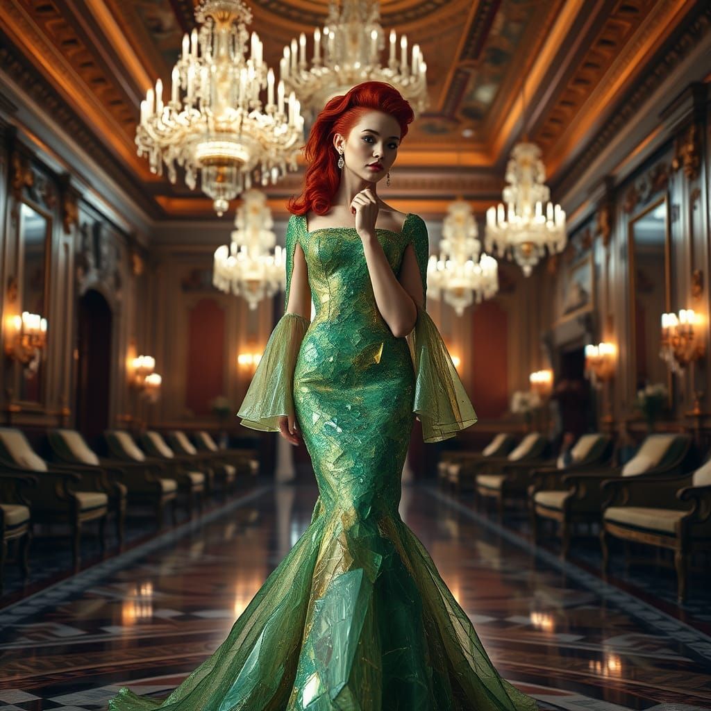 Crystalline Gown in Emerald Ballroom, Cinematic HDR