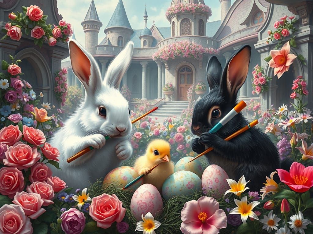 Easter Bunnies Painting Eggs in Fairytale Garden