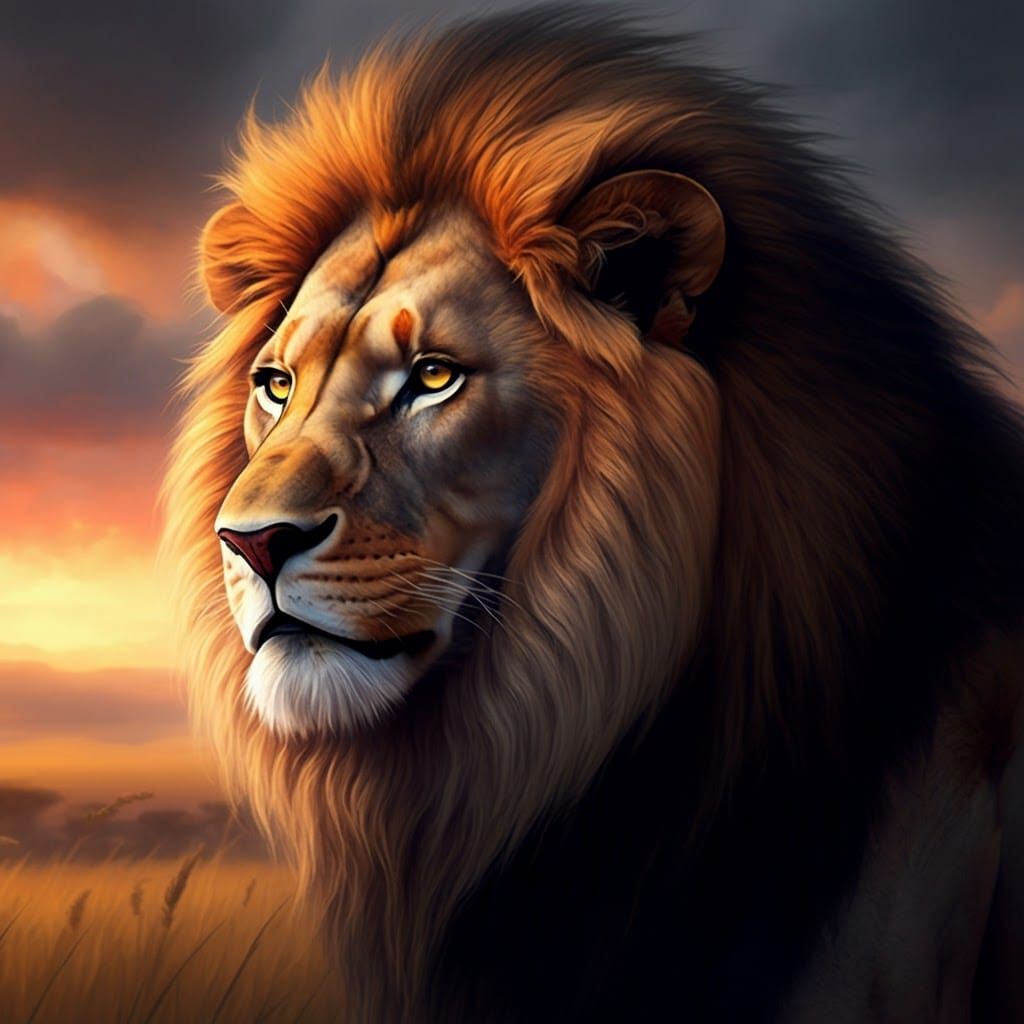 Regal Lion Roaring Under African Sunset