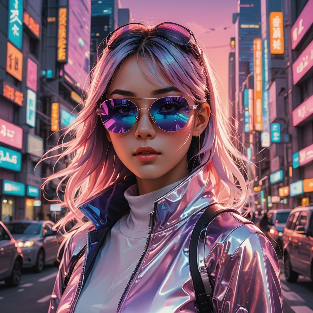 Anime Girl in Futuristic City with Neon Reflections