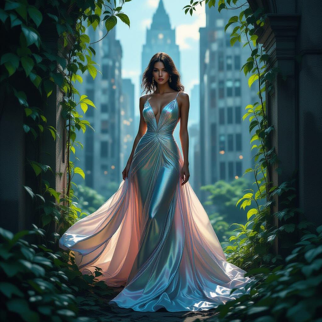 High-Fashion Model with Bioluminescent Tattoos in Art Deco R...