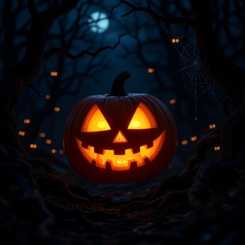 Spooky Pumpkin Bounces Through Dark Forest at Night