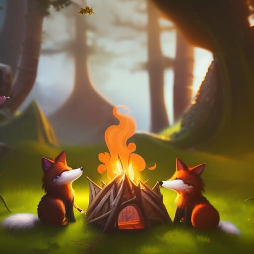 Foxes Around Campfire: Hyperdetailed 8k Concept Art