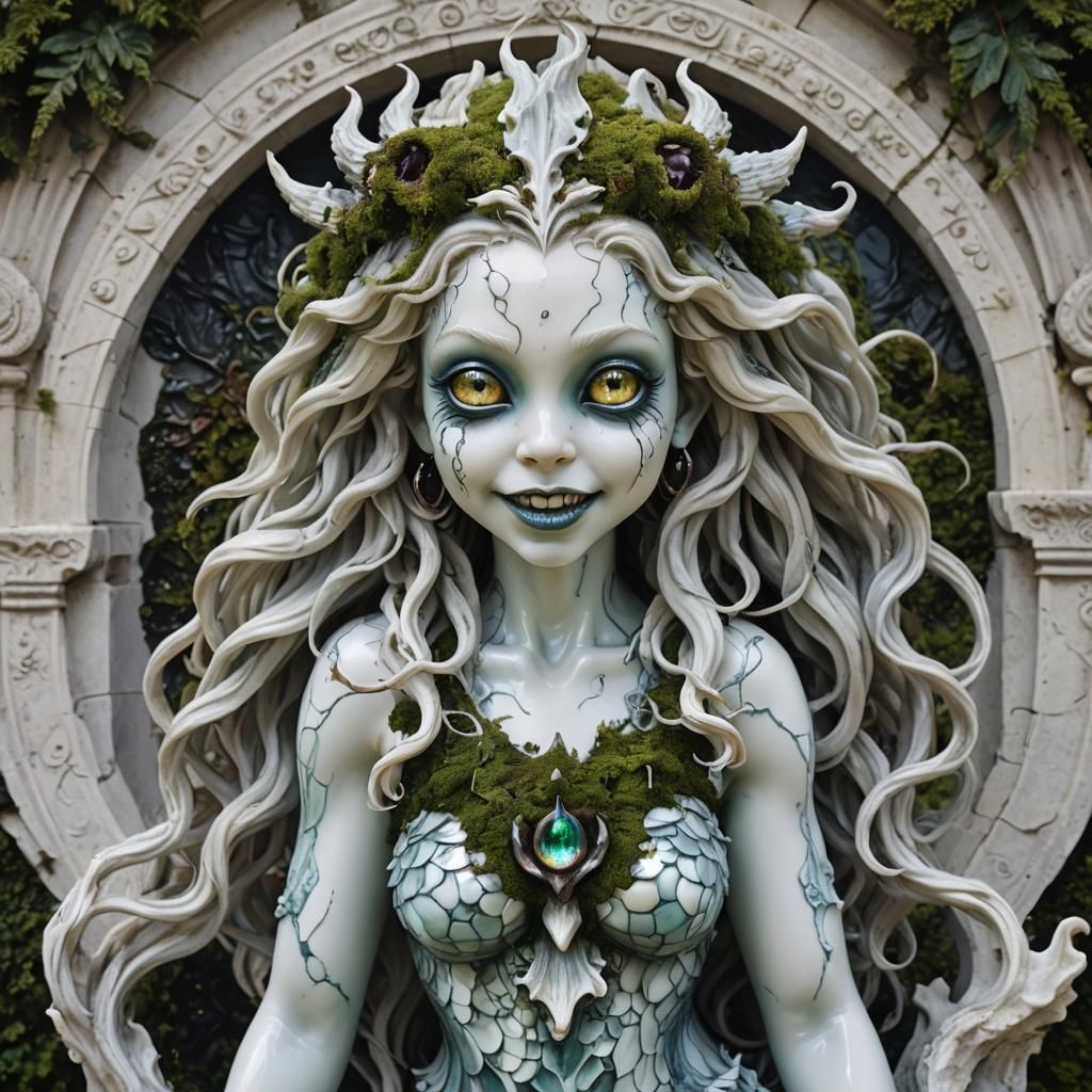 Grinning Gargoyle Mermaid Hybrid with Pearlescent Eyes
