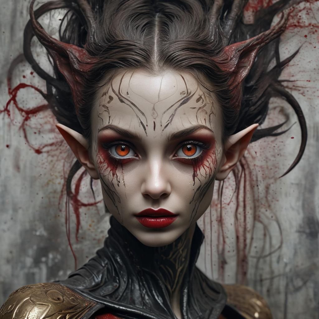 A dark fantasy style graffiti of an alien Elf hybrid being, ...