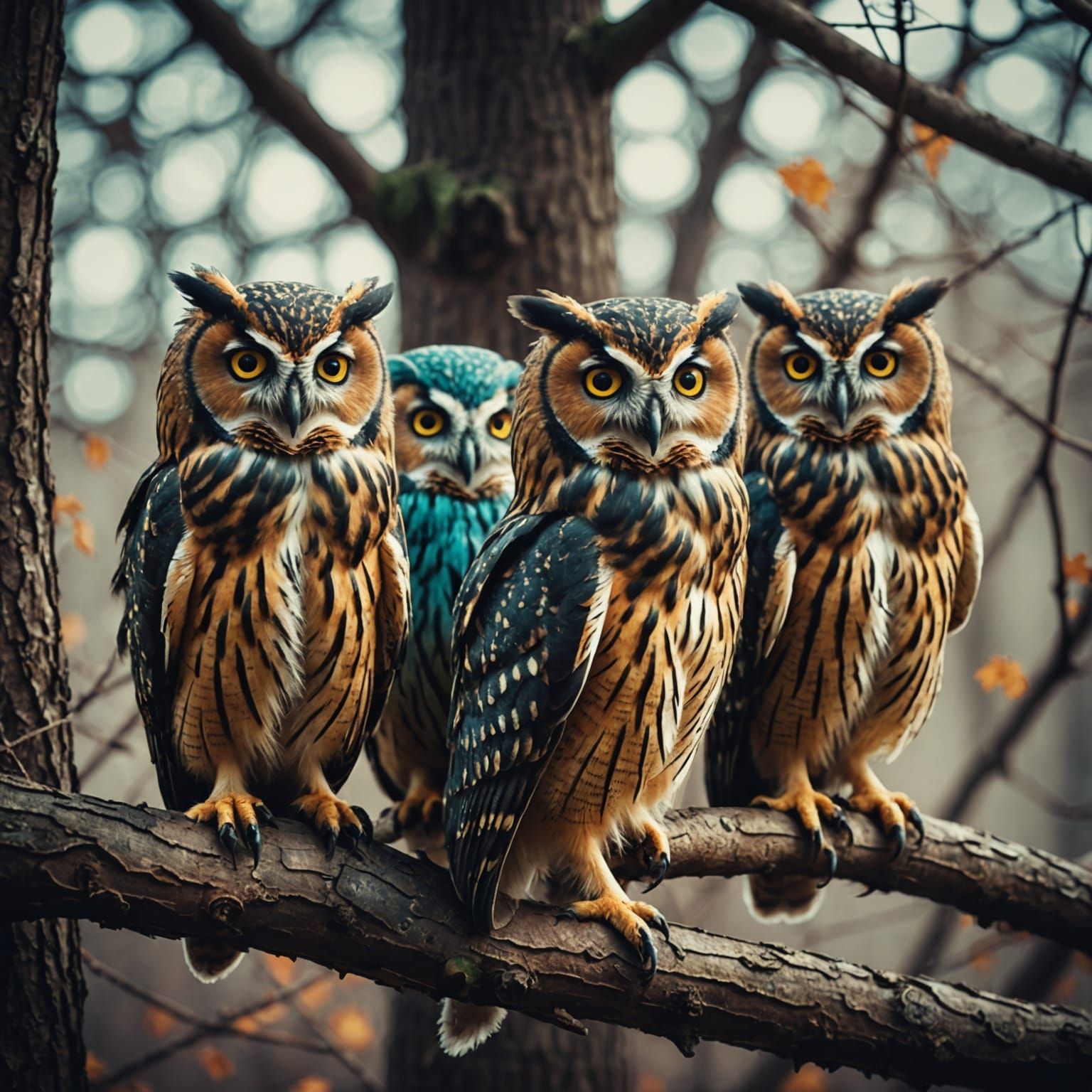 Colorful Owls on Branch: Cinematic Film Still