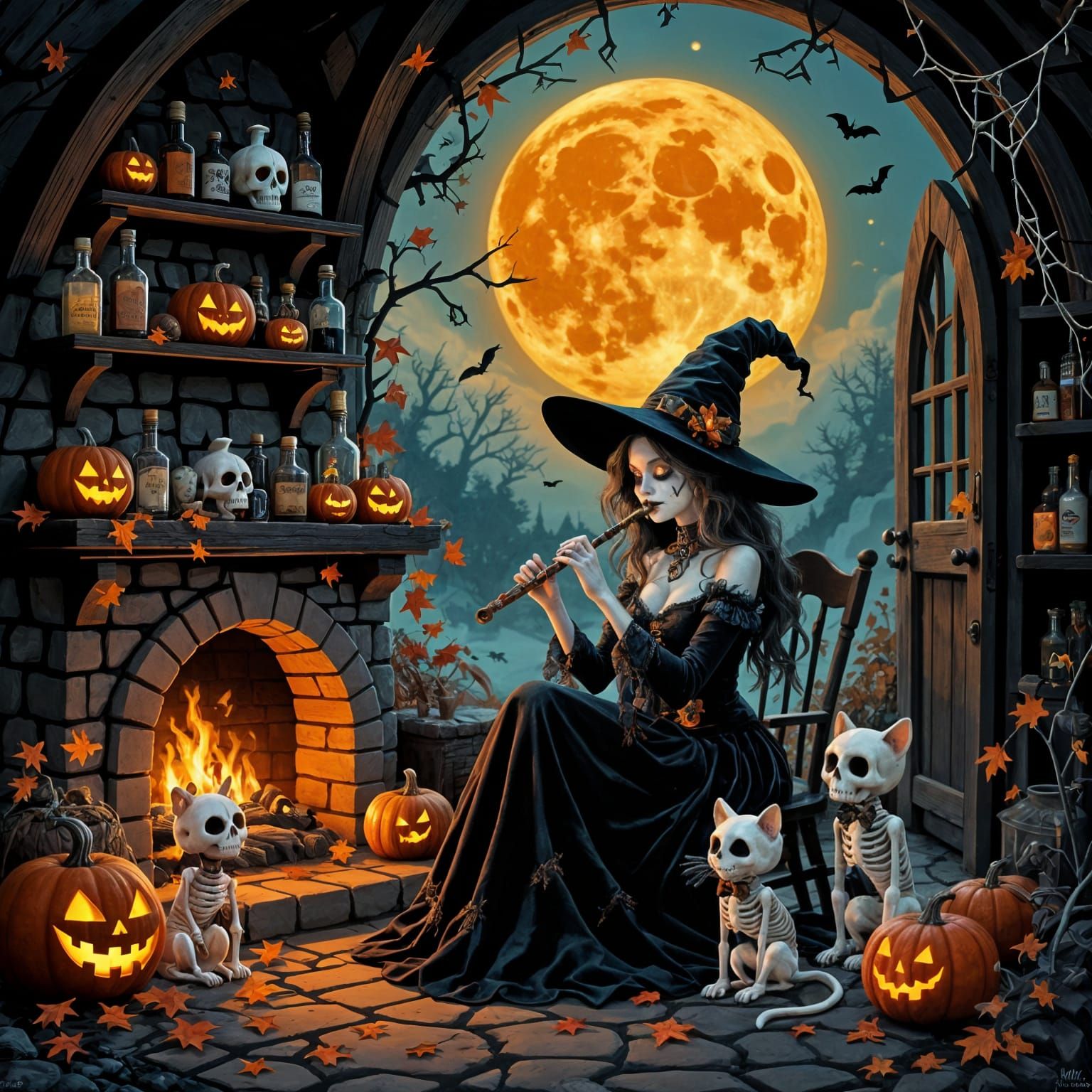 Whimsical Gothic Witch Cottage Under Pumpkin Moon