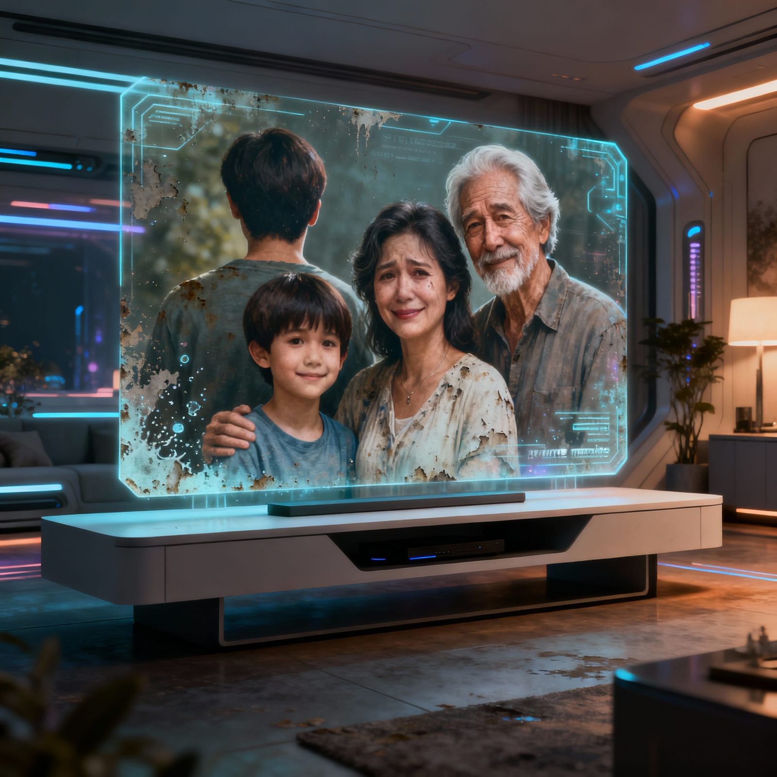 Holographic Family Portrait in Futuristic Home