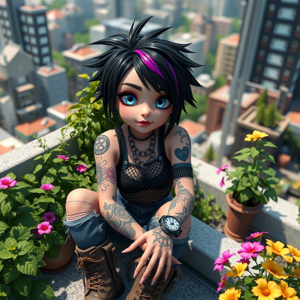 Girl in Rooftop Garden: 3D Anime Art