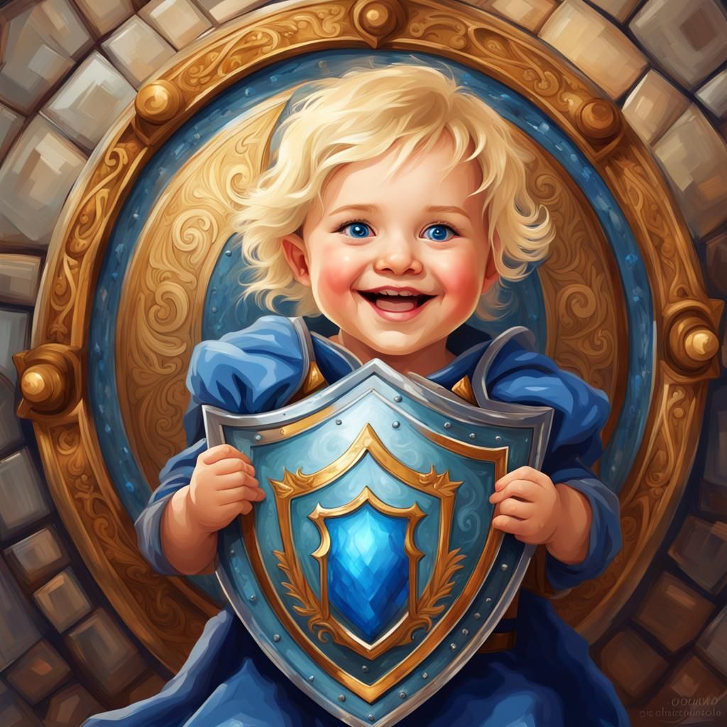 protective Medieval shield protects a cute little toddler, b...