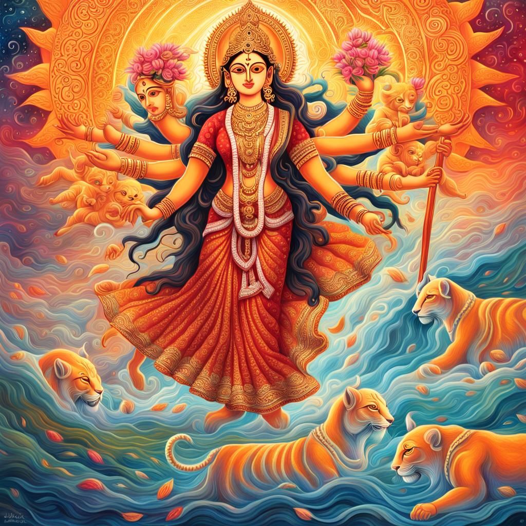 Goddess Durga Illustration in Pablo Amaringo Style