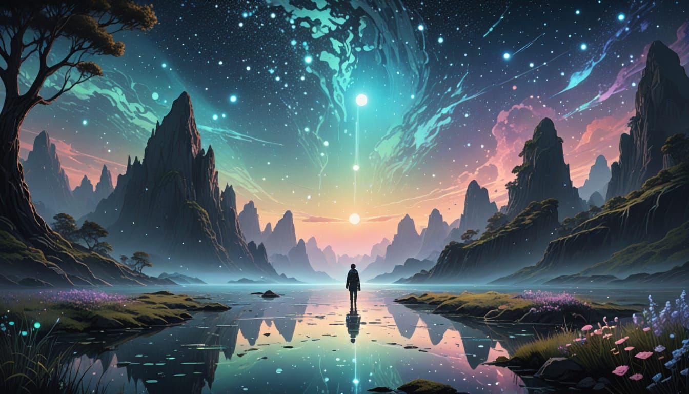 Lone Figure in Surreal Cosmic Landscape with Starry Sky