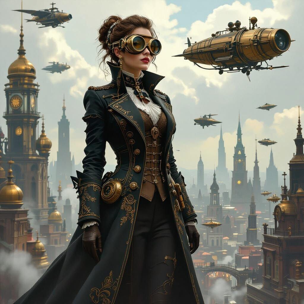 Steampunk Cityscape with Flying Machines