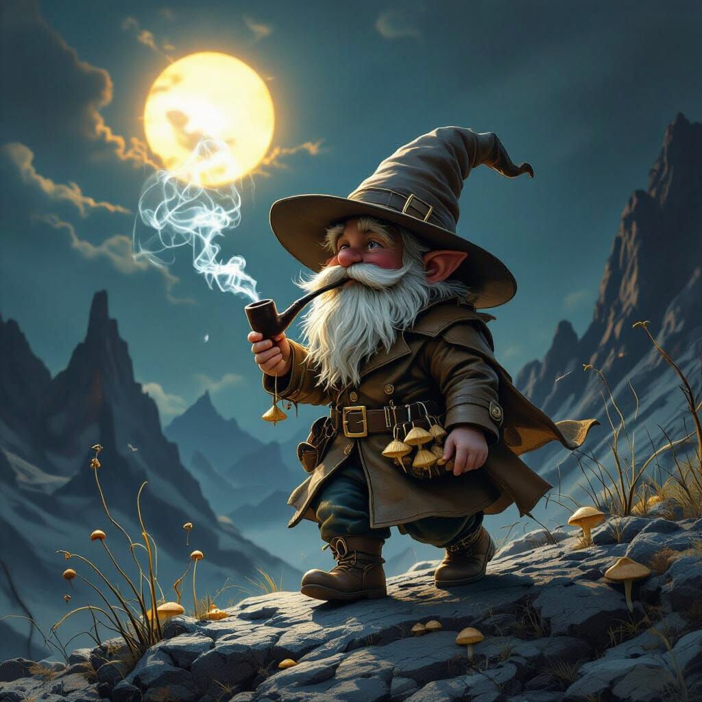 Gnome on Rocky Mountain in Dark Fantasy Style