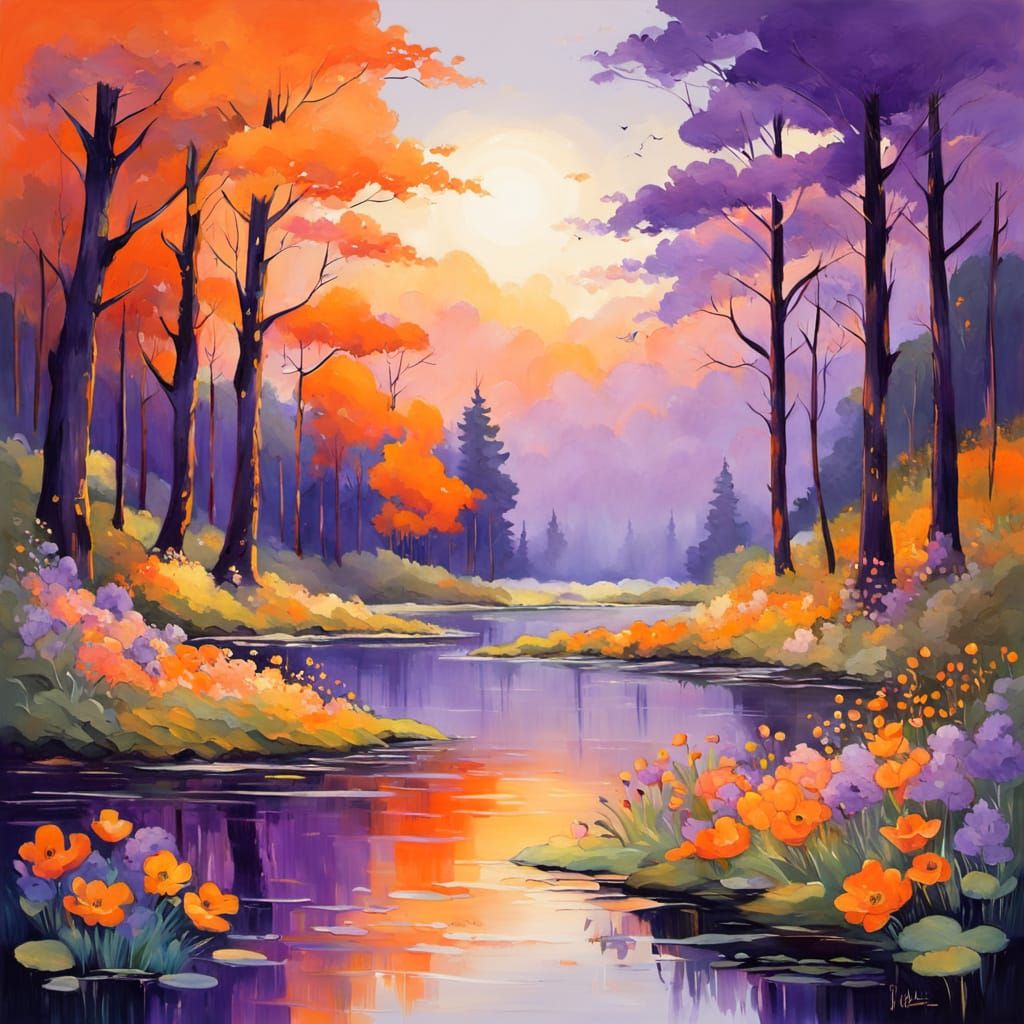 Whimsical Orange and Purple Landscape Painting