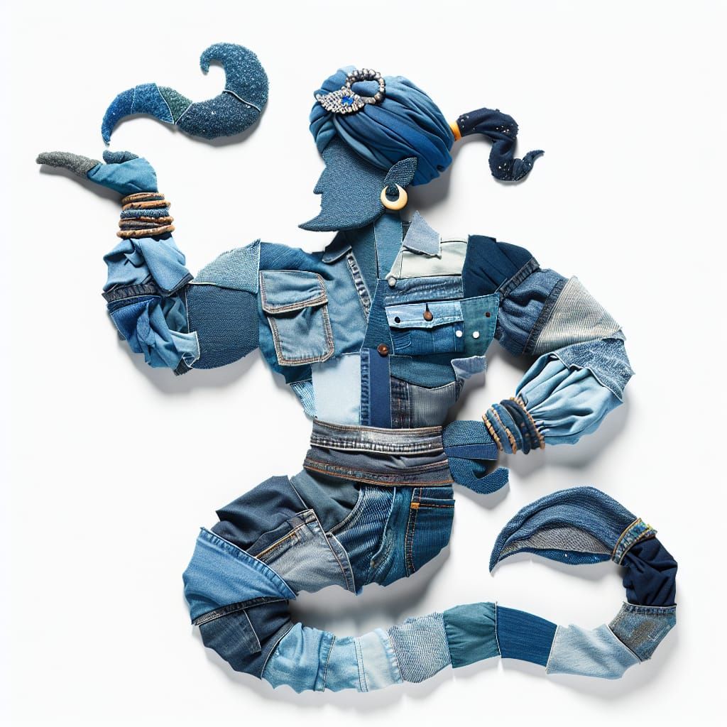 A genie made of denim. 3D collage