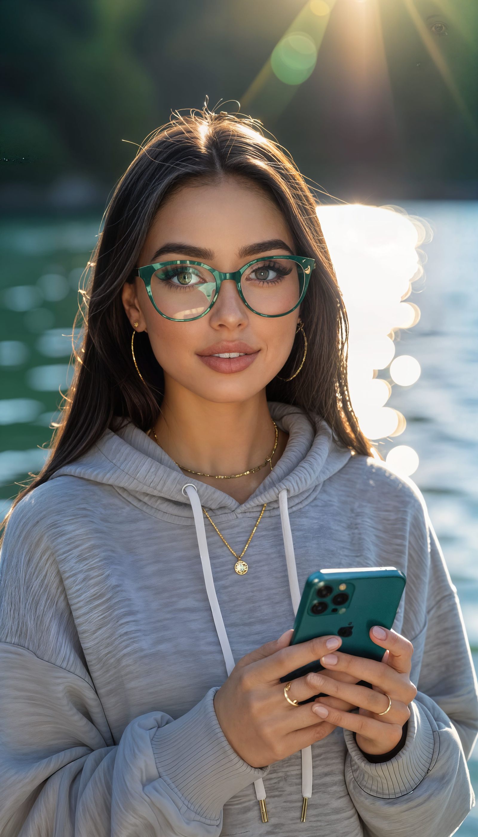 Petite Woman With Emerald Glasses and Hoodie by Lake