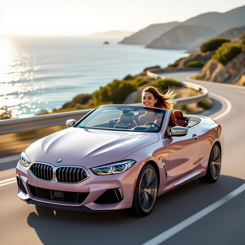 Woman in Pink Top Drives BMW Convertible on Coastal Highway