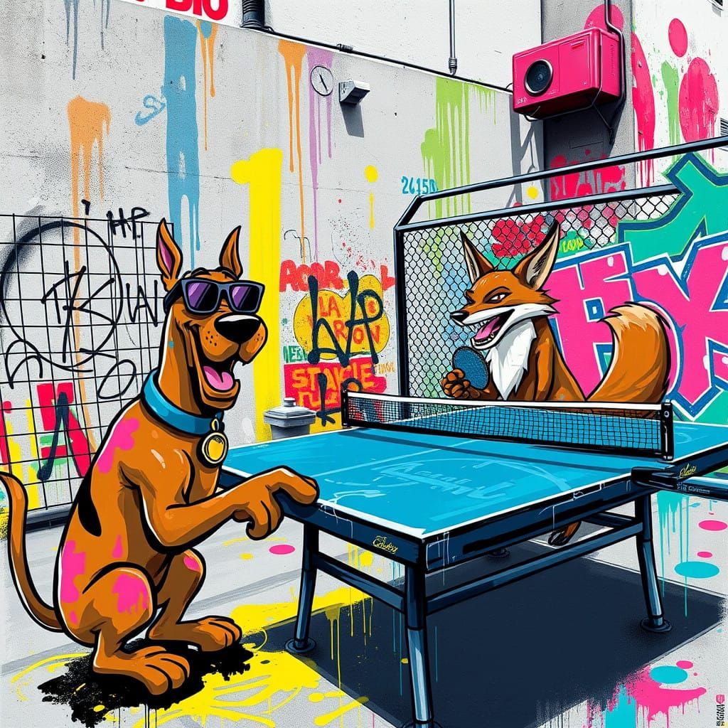 Scooby Doo Plays Ping Pong with a Fox in Vibrant Urban Stree...