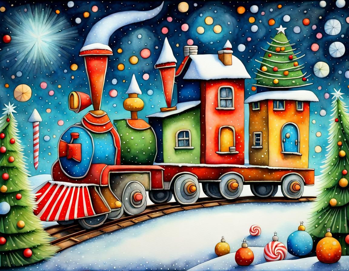 Surreal Christmas Scene in Cubist Aquarelle Style