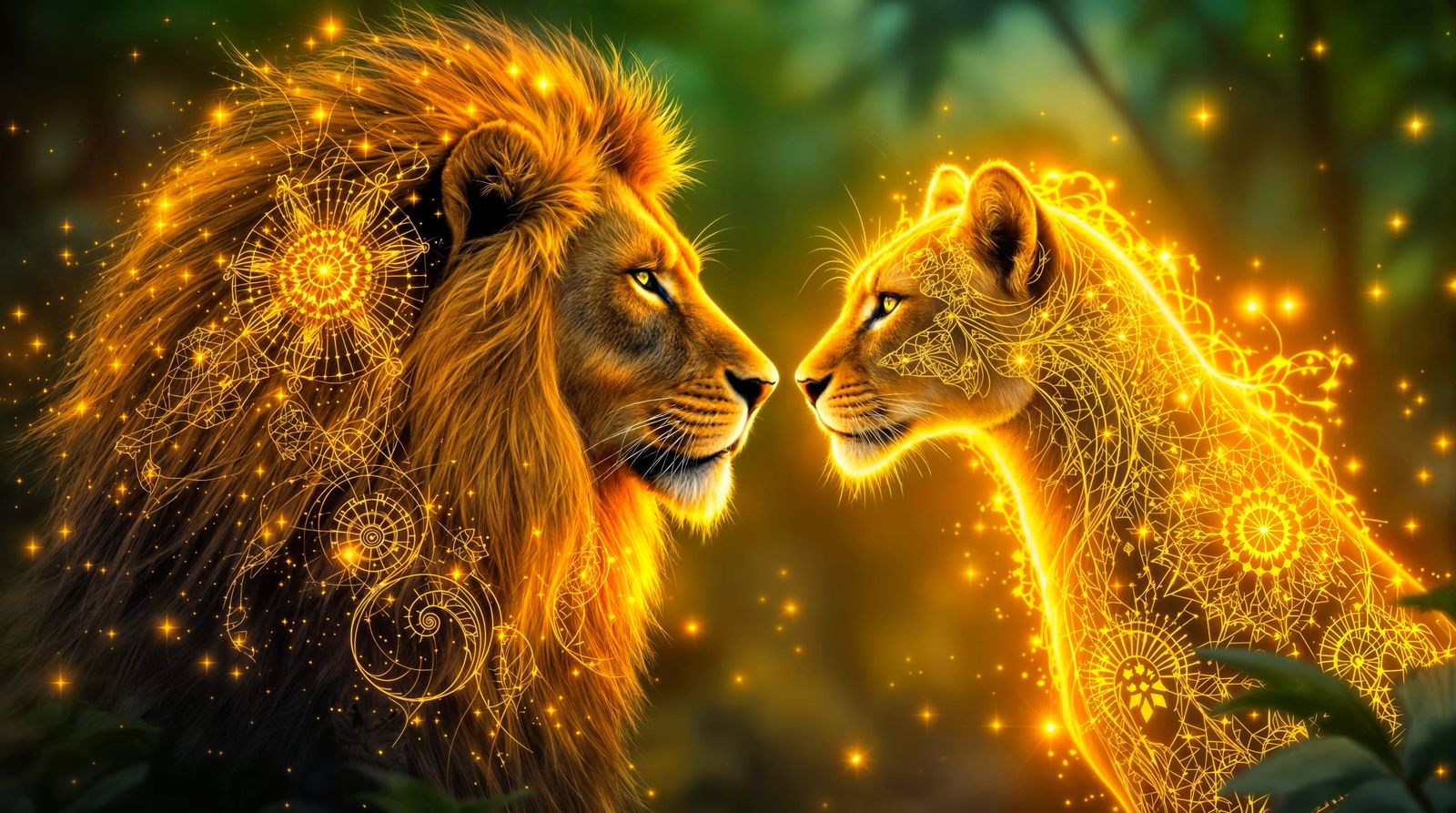 Golden Unity of Enchanted Rainforest Lions