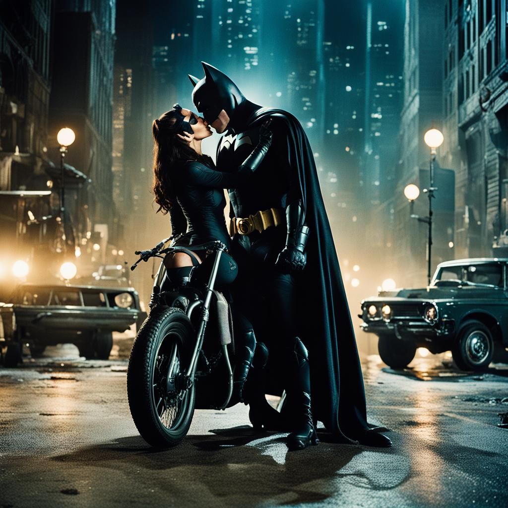 Catwoman and Batman Kiss: A Cinematic Film Still