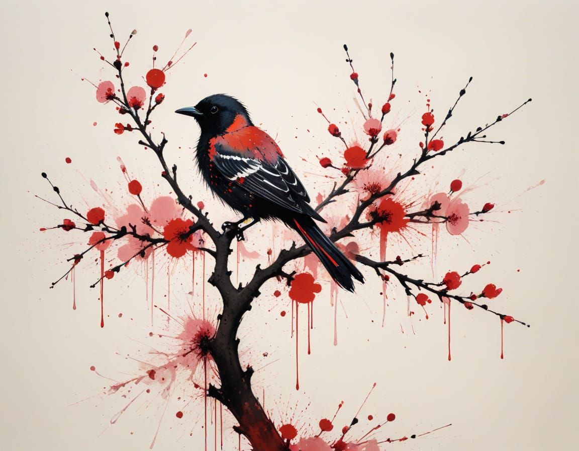 Blossom Tree Bird in Sumi-e Style