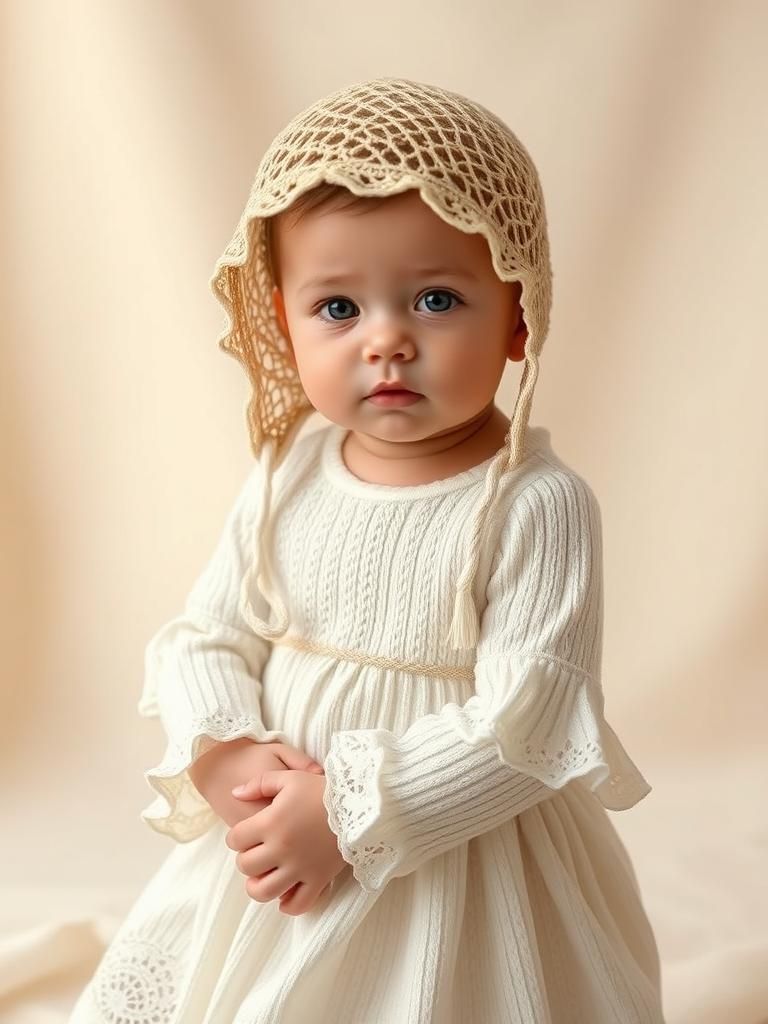 Baby in White Knit Dress and Lace Cap