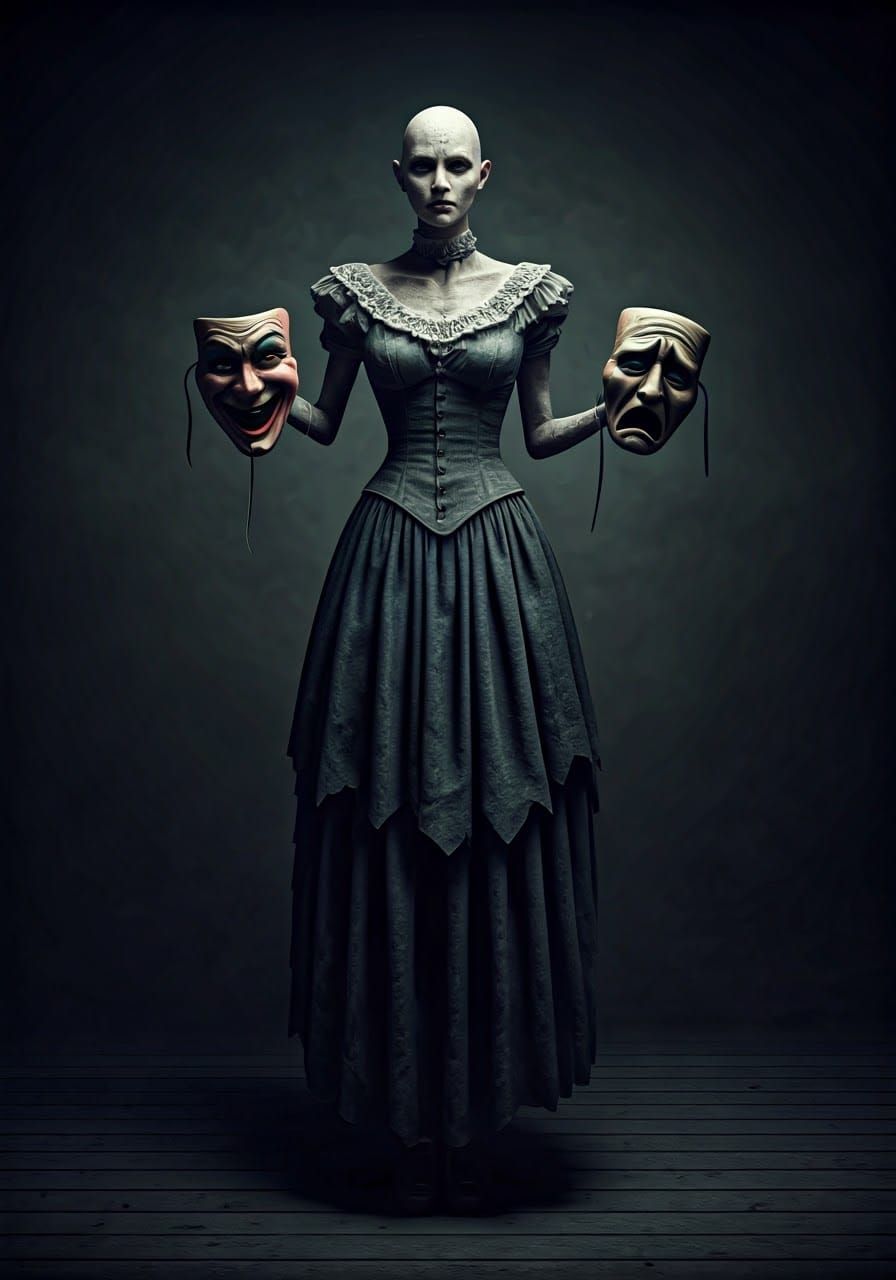 Grotesque Female Mannequin Wears Comedy and Tragedy Masks in...