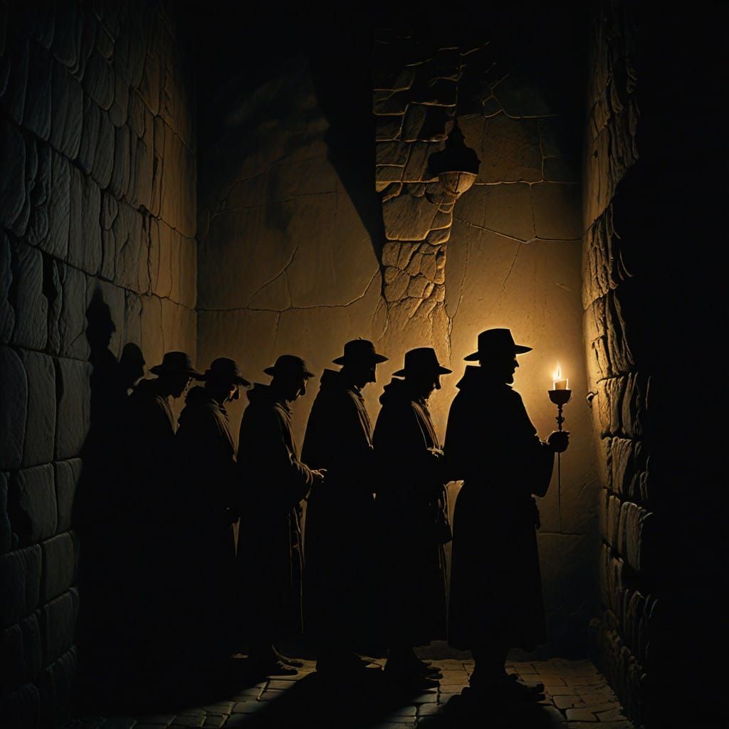 Dramatic Silhouettes Cast on Weathered Stone Wall