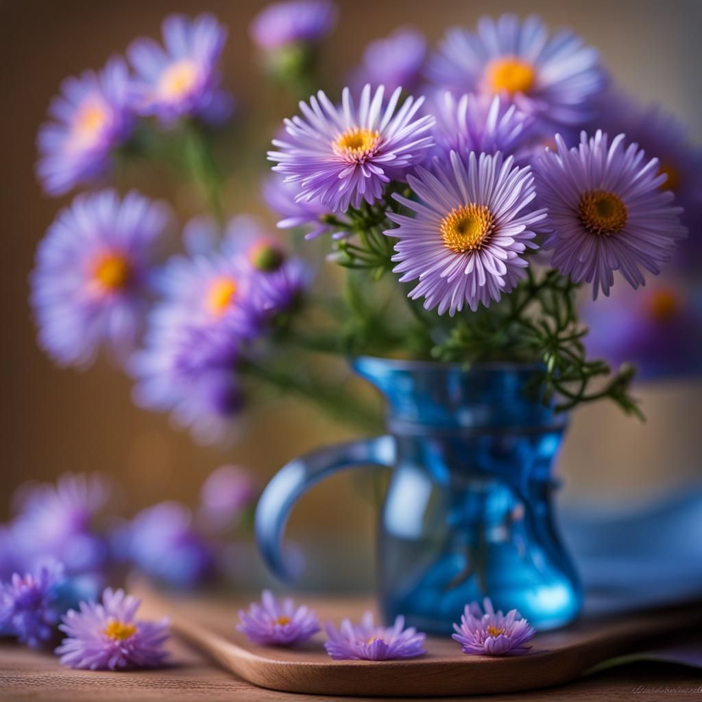 Colorful Still Life with Aster Amellus in Blue