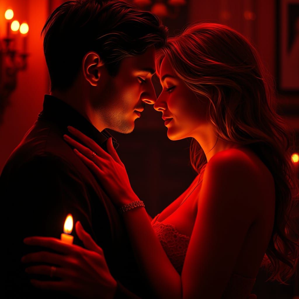 Romantic Couple's Embrace in Candlelight: Photorealistic Art