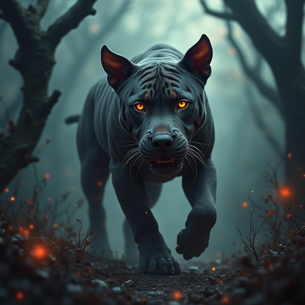 Fierce Fantasy Hybrid: Pitbull-Tiger Meld in Gnarled, Ethere...