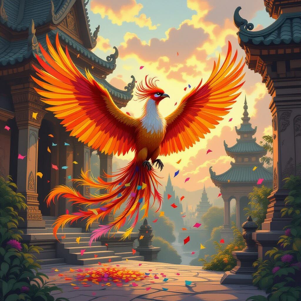Bewildered Phoenix Bursts into Confetti in Ancient Temple
