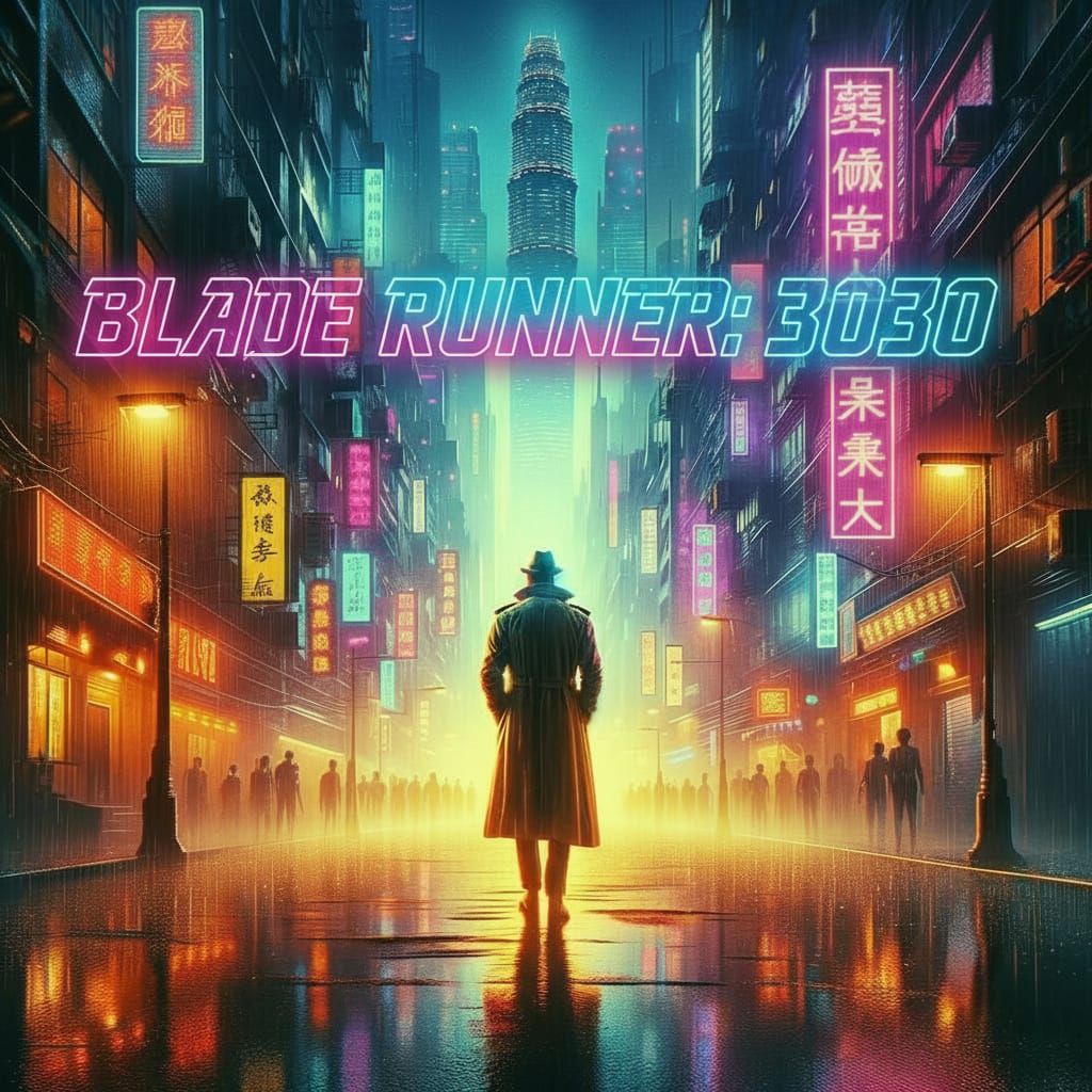 Cyberpunk Cityscape with Solitary Figure in Neon Rain