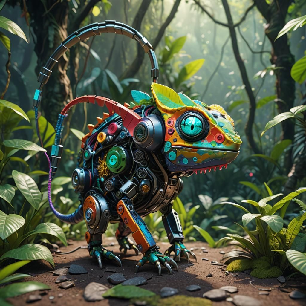 Futuristic Chameleon with Headphones in Vibrant Jungle