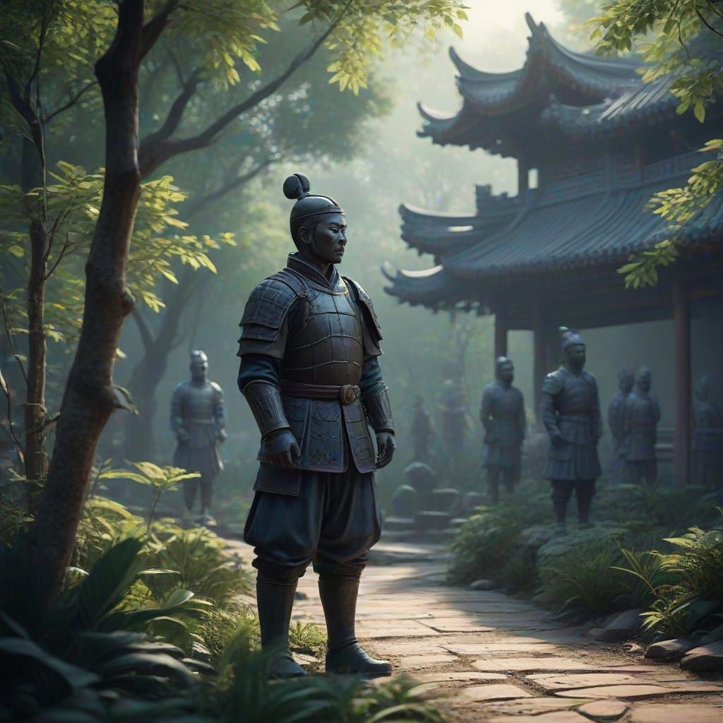 Terracotta Soldiers in Ethereal Chinese Garden