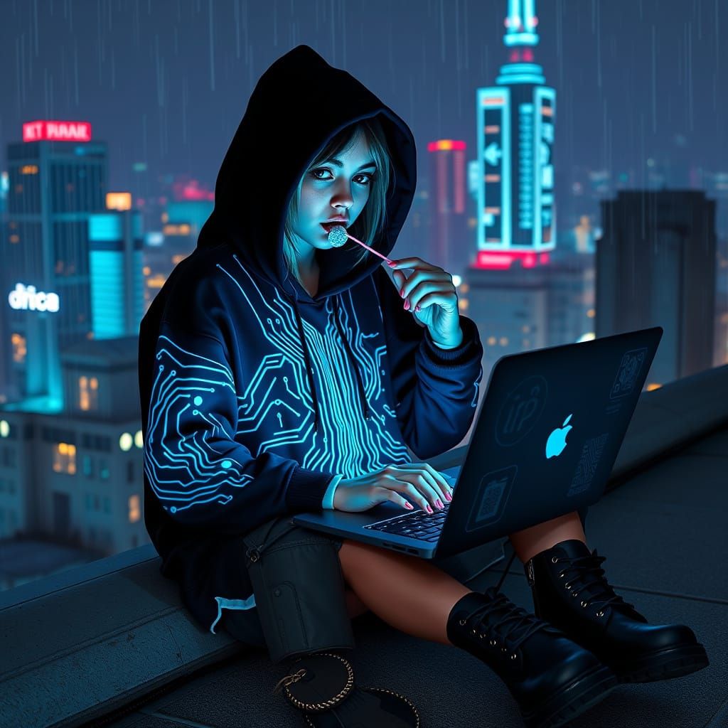 Cyberpunk Hacker Girl on Rooftop at Night