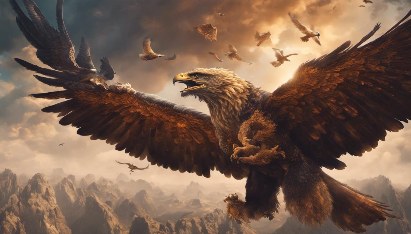 Lion Flying with Eagles in Detailed Sky Scene
